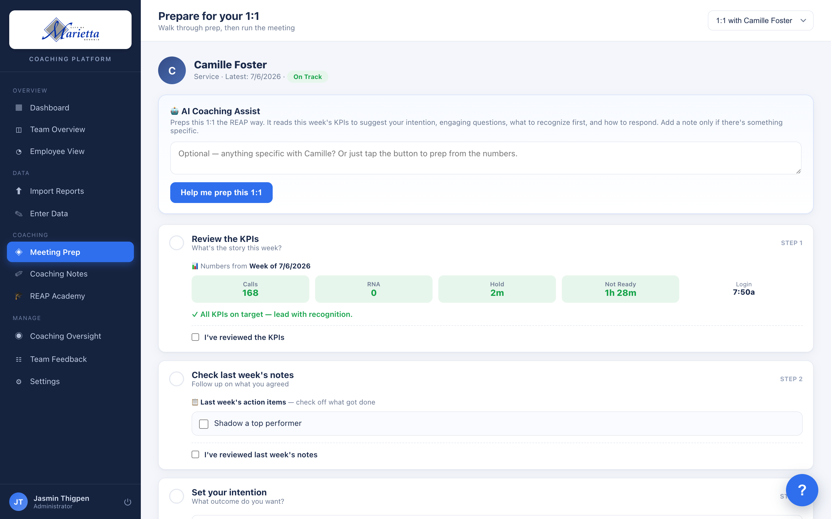 Guided 1:1 prep: the numbers, last week's action items, and the plan in one place